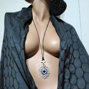 stunning vintage style evil eye silver tone long leather cord good luck Amulet